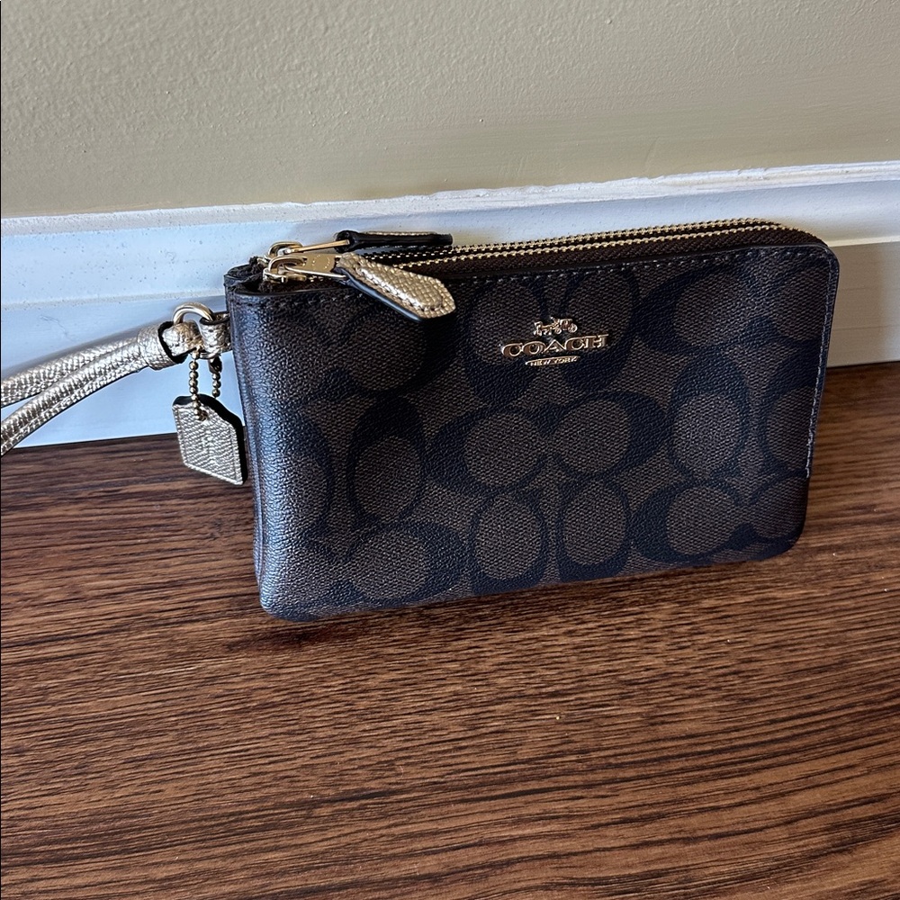 COACH Double Corner Zip Wristlet In Signature Dark Brown Canvas -NWOT